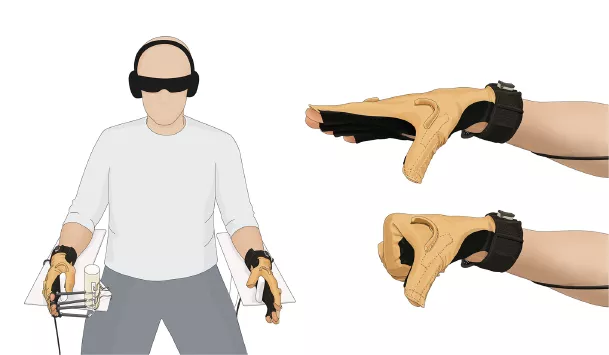 Illustration showing a sitting blindfolded person wearing gloves for some kind of scientific purpose..